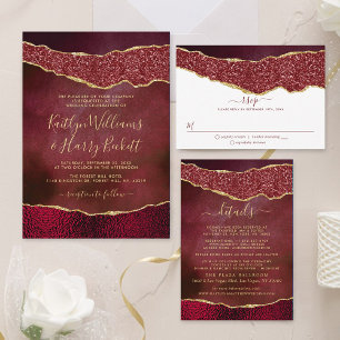 Élégantes invitations de mariage en agate bordeaux