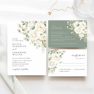 Invitation Vert Sauge Blanc Floral Aquarelle Élégant Mariage