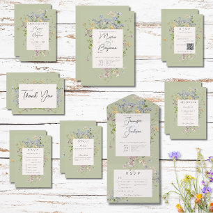 Invitation Tout En Un Code QR Fleur sauvage Sage Green Sage Delicic Boho
