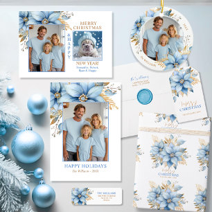 Cartes Pour Fêtes Annuelles Noël Icy Blue Gold Poinsettia   2 PHOTO
