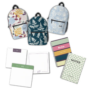 Sac À Dos Imprimé Joli Motif de fougères bleu et blanc Initiales