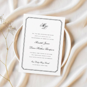 Invitation Carte Postale Élégant Monogram Black Script Mariage Réponse