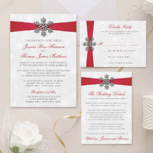 Invitation En Aluminium Diamante Flocon de neige et Ruban rouge Mariage d'