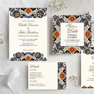 Invitation Vintage Talavera Azulejo carreaux bleu mariage