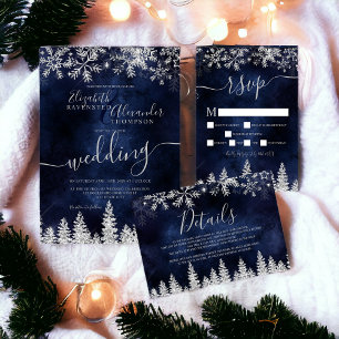 Invitation Silver snow pine navy Christmas winter wedding