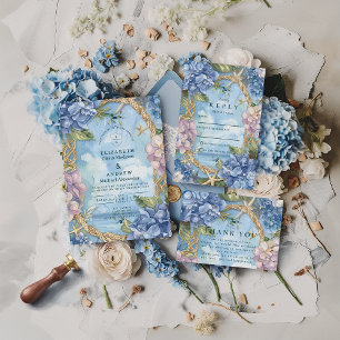 Save The Date Mariage Corde Côtière Hortensia Bleu