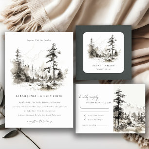 Invitation Pine Woods Mountain Paysage Mariage de croquis