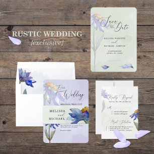 Invitation Aquarelle violet bleu Gerbera Mariage marguerite