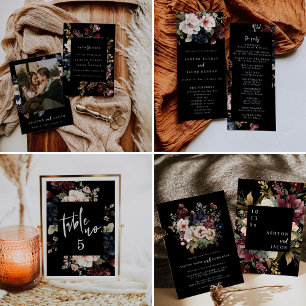 Signe De Table Moody Mariage Menu, Menu Noir, Aquarelle Florale