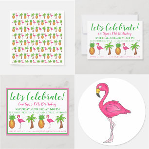 Invitation Flamant rose d'anniversaire Palm Tree Pineapple
