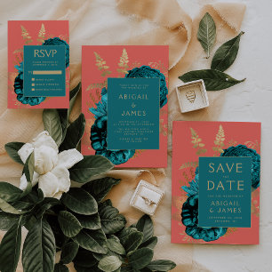 Carte D'accompagnement Élégant Floral Bleu Sarcelle Corail Or Mariage RSV