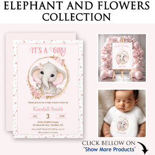 Invitation Fille mignonne Eléphant rose et Baby shower de fle