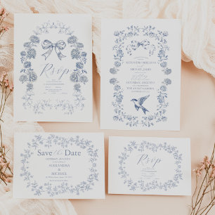 Invitation Élégant Français Vintage bleu Mariage floral