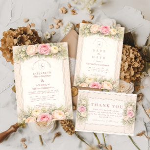Save The Date Mariage au jardin de roses aux renoncules rosées