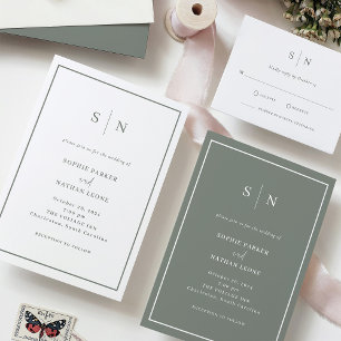 Invitation Chic minimal   Mariage frontalier blanc et vert Sa