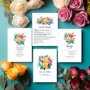 Invitation Mariage floral turquoise, jaune et rose