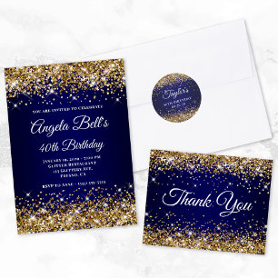 Invitation Parties scintillant d'or Marine Monogramme bleu 40