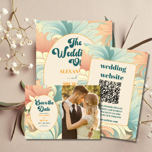 Invitation Tout En Un QR Code Boho Retro coloré Mariage floral