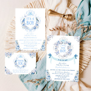 Invitation Blue Floral Crest C'est un Baby shower garçon