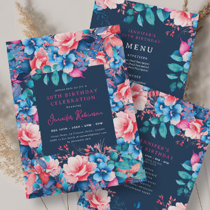 Invitation Chic Aquarelle Floral 30e Anniversaire Marine Bleu
