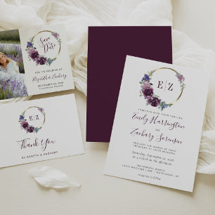 Cartons Réponse Couronne florale violette de monogramme Cercle dor