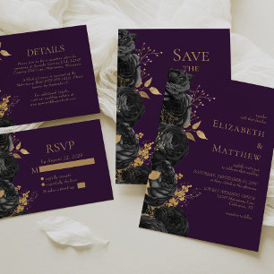 Faire-part Black Gold Purple Floral Enregistrer la date