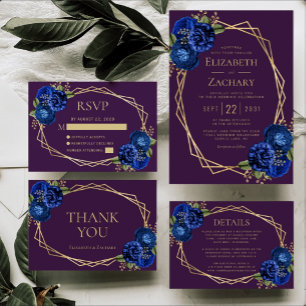 Carte De Remerciements Purple Royal Blue Floral Gold Mariage