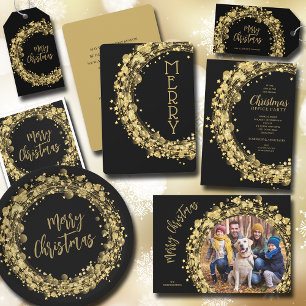 Cartes Pour Fêtes Annuelles Couronne d'or sur Black Merry Christmas Photo