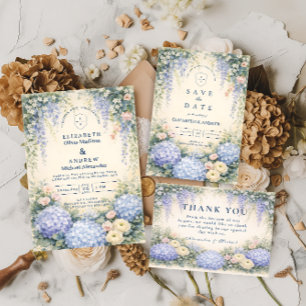 Carte De Remerciements Mariage Fleur Bleue Hortensia Et Rose Ivoire