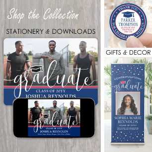 Faire-part Script moderne Rouge Blanc & Bleu 4 Diplôme photo