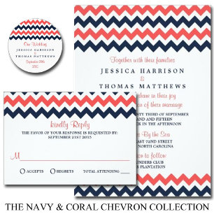 Invitation Collection Mariage moderne Chevron Marine & Coral