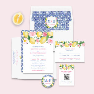 Sticker Carré Positano Lemons Carreaux Bleus Mariage rose Monogr