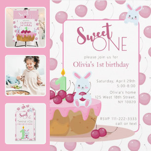 Sweet One Cherry Cake Bunny Invitation