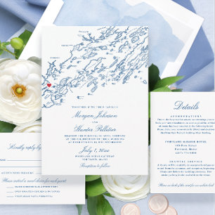 Invitation Tout En Un Portland Maine Elegant Marine QR Mariage Budget