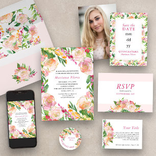 Sticker Rond Floral Chic Pink et Gold Editable Mis Quince Anos