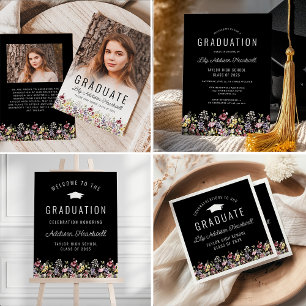 Boho Fleur sauvage Black Photo Grad Faire-part
