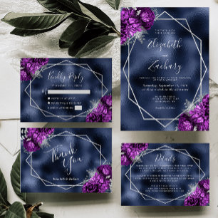 Invitation Mariage floral d'argent violet marine
