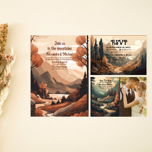 Invitation Tout En Un Rustic Mountain Forest Code QR Mariage À feuillage