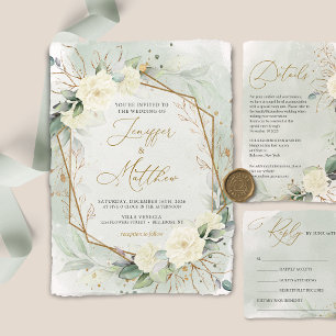 Invitation Eucalyptus Verdure Roses Blanches Mariage Or