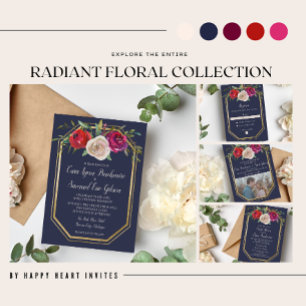 Invitation Radial Floral Navy Blue Burgundy Photo Mariage