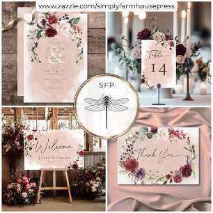 Carte De Remerciements Russe Bourgogne et rose pâle Mariage Roses