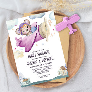 Invitation Baby shower d'avion de la fille Teddy Bear