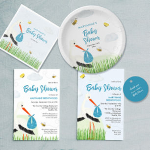 Carte de remerciements de Baby shower à cigogne bl