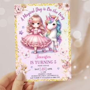 Invitation Girls Princess Unicorn 5e anniversaire Pink Gold