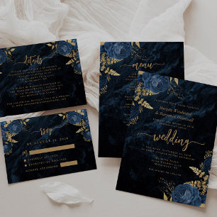Carte D'accompagnement Marine Blue Gold Floral Agate Script Mariage RSVP