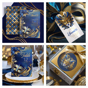 Invitation Sweet sixteen Masquerade Blue Gold ID1032