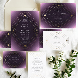 Invitation Gold Diamond violet Mariage géométrique Gatsby