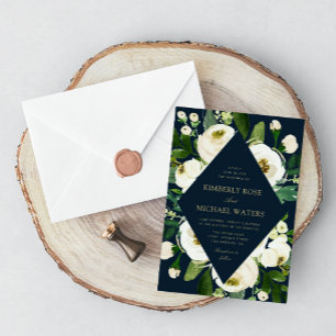 Invitation écriture or blanc jardin fleuri marine mariage