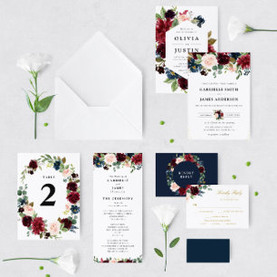 Invitation tomber amoureux burgundy mariage floral marine