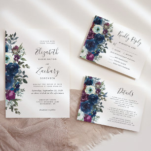 Invitation Aquarelle Floral Plum Marine Mariage bleu
